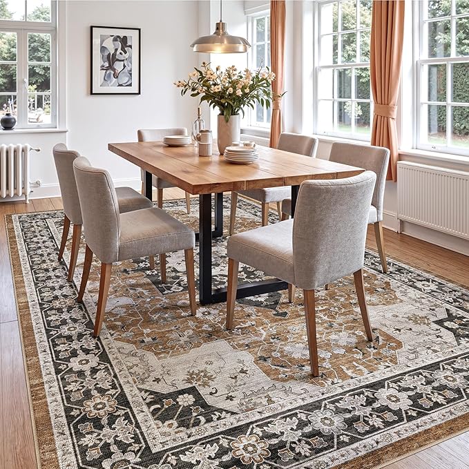 DEXI 10x14 Area Rug for Living Room, Washable Vintage Farmhouse Thin Rug Indoor Floor, Non Slip Stain Resistant Low Pile Carpet for Dining Room Bedroom Office, Brown