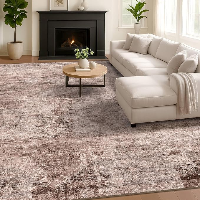 Brown Living Room Rug 9x12 - Retro Large Rug for Dining Room, Fireplace, Bedroom, Washable Non Slip Low Pile Abstract Warm Brown and Terracotta