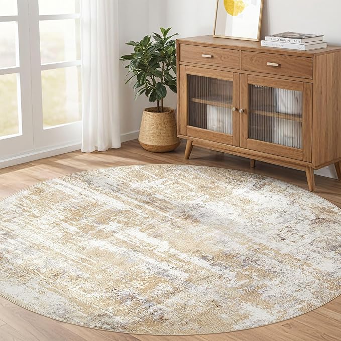 Round Rug Living Room Rugs: 4x4 Washable Circle Abstract Modern Soft Stain Resistant Non-Slip Indoor Floor Carpet for Bedroom Entryway Nursery Office Dorm Home House Decor- Gray Gold