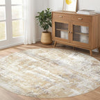 Round Rug Living Room Rugs: 7Ft Washable Circle Large Abstract Modern Soft Stain Resistant Non Slip Indoor Floor Carpet for Bedroom Nursery Office Dining Room Dorm Home House Decor- Gray Gold