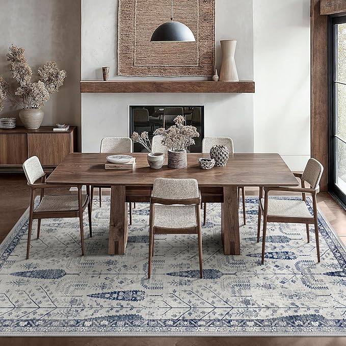 Bavni Rugs for Living Room, Floral Non Slip Machine Washable Rug, Neutral Low Pile Lightweight Rug for Dining Room Bedroom, Thin Durable Farmhouse Vintage Tree Blue 6x9 Rugs