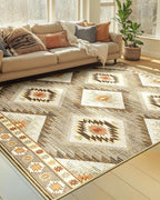Area Rug 6x8 Rug Machine Washable Non-Slip Low Pile Print Pattern Western Rug for Living Room Bedroom Entryway Tribal Series-Cream/Camel
