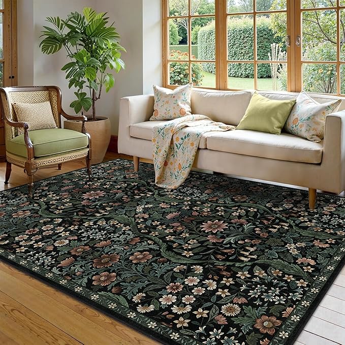 5×7 Black Washable Floral Area Rug,Vintage Boho Soft Low-Pile Living Room Rugs, Stain Resistant Botanical Non-Slip Carpet for Bedroom,Dining Room, Kids Nursery,Home Decor