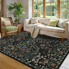 5×7 Black Washable Floral Area Rug,Vintage Boho Soft Low-Pile Living Room Rugs, Stain Resistant Botanical Non-Slip Carpet for Bedroom,Dining Room, Kids Nursery,Home Decor