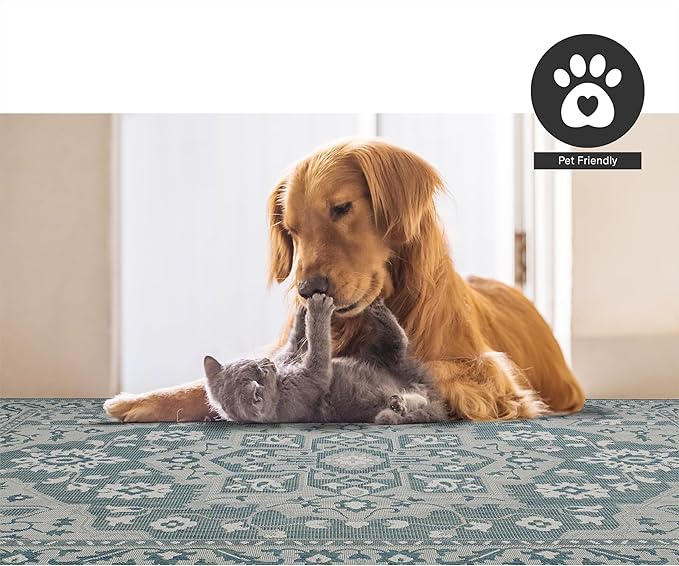 FH Home Flat Woven Outdoor Rug - Waterproof, Easy to Clean, Stain Resistant - Premium Polypropylene Yarn - Vintage - Patio, Porch, Deck, Balcony - Shiraz - Ocean - 5ft 4in x 7ft 6in