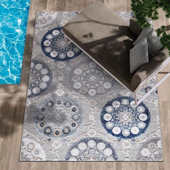 CAMILSON Indoor Outdoor Rug 9x12 Bohemian Medallion Floral Area Rugs for Indoor and Outdoor Patios Easy-Cleaning Non-Shedding Living Room Garden and Kitchen Washable Outside Carpet (9 x 12 / Blue)