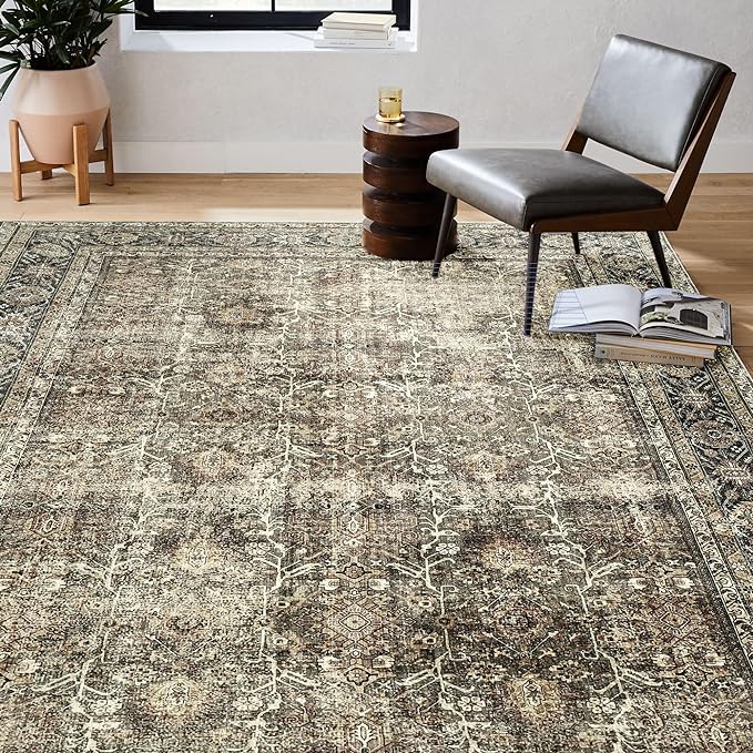 Vintage Area Rug 3x5 Brown Entryway Office Washable Carpet Non Slip Bedroom Indoor Living Room Door Mat Low Pile Traditional Distressed Retro Accent Rug for Dining Room Bathroom Kitchen