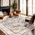 Washable Area Rug 10'x14' Blue Khaki Retro Flowers Boho Design Non-Shedding Easy Care Ideal for High Traffic Areas in Living Room Bedroom Office Coffee Table Kitchen Large Carpet