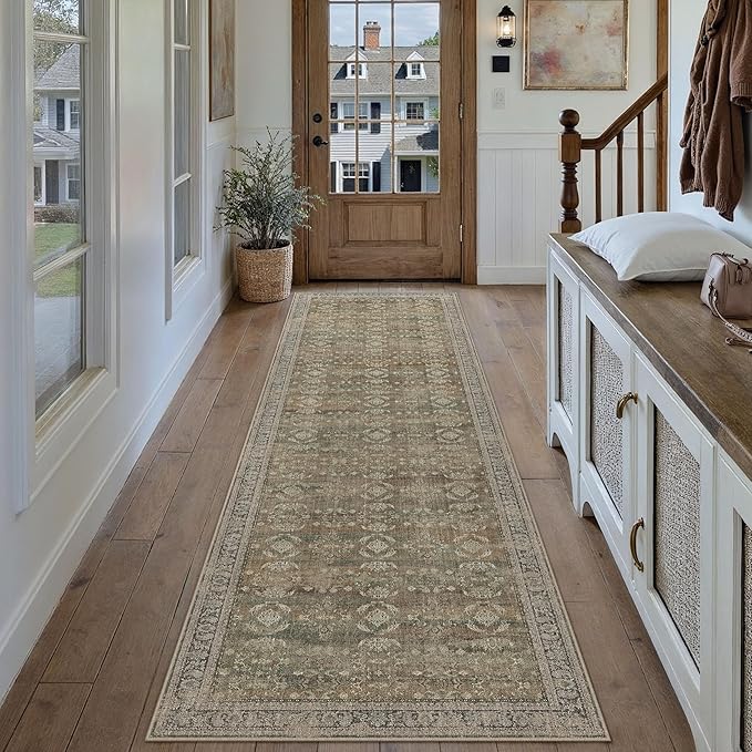 3x10 Brown Area Rug Runners for Hallways Washable Vintage Distressed Carpet Low Pile Non Slip Indoor Retro Soft Long Accent Rug Bedroom Kitchen Bathroom Laundry Dining Living Room