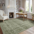 FMFUNCTEX 4x6 Washable Area Rug Green Neutral Vintage Distressed Non Slip Low Pile Traditional Entryway Indoor Carpet for Living Room Bedroom Soft Retro Mat Throw Rug for Dining Office Entrance