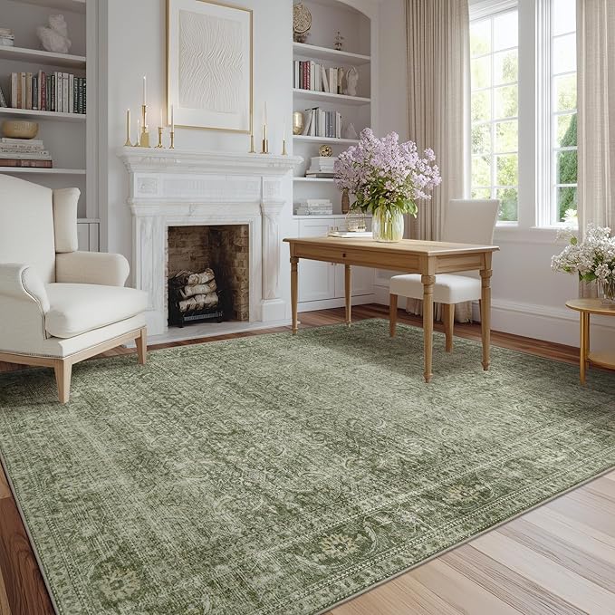 FMFUNCTEX 4x6 Washable Area Rug Green Neutral Vintage Distressed Non Slip Low Pile Traditional Entryway Indoor Carpet for Living Room Bedroom Soft Retro Mat Throw Rug for Dining Office Entrance