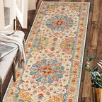 COMSLE Boho Runner Rug, 2' x 8' Washable Rugs for Hallway Faux Wool Small Kitchen Area Rug Distressed Throw Rug Non-Slip Laundry Room Rug Carpet Runner for Entryway Indoor Bedroom
