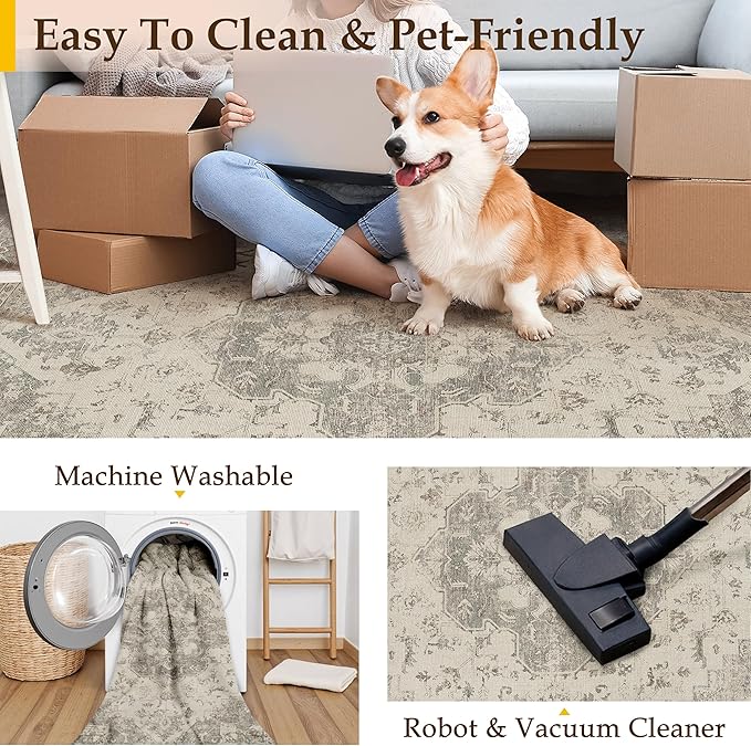 5x7 Washable Area Rug Beige Grey Vintage Distressed Rug for Office Oriental Soft Thin Indoor Retro Gray Carpet Non Slip Low Pile Floor Cover for Living Ding Room Bedroom Laundry Dorm
