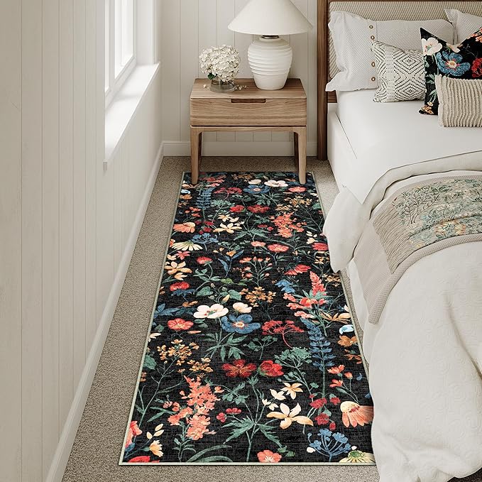 Floral Runner Rug 3x8 Washable Hallway Long Black Bedroom Carpet Non Slip Indoor Boho Kitchen Low Pile Accent Rug Lightweight Soft for Bathroom Dining Laundry Living Room