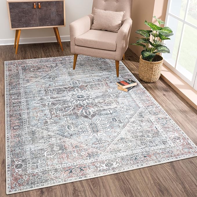 Bloom Rugs Washable Non-Slip 8' x 10' Rug - Light Pink/Light Blue Traditional Medallion Area Rug for Living Room, Bedroom, Dining Room, and Kitchen - Exact Size: 8' x 10'