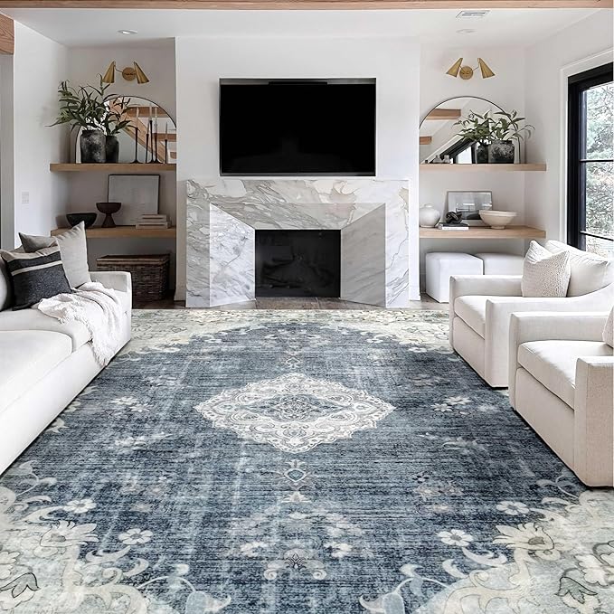 MUJOO Blue Grey Rug 9'x12' Area Rugs for Living Room Dining Room Washable Rugs Large Rug Boho Rug for Bedroom Non Slip Abstract Soft Low-Pile Floral Flowers