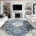 MUJOO Blue Grey Rug 9'x12' Area Rugs for Living Room Dining Room Washable Rugs Large Rug Boho Rug for Bedroom Non Slip Abstract Soft Low-Pile Floral Flowers