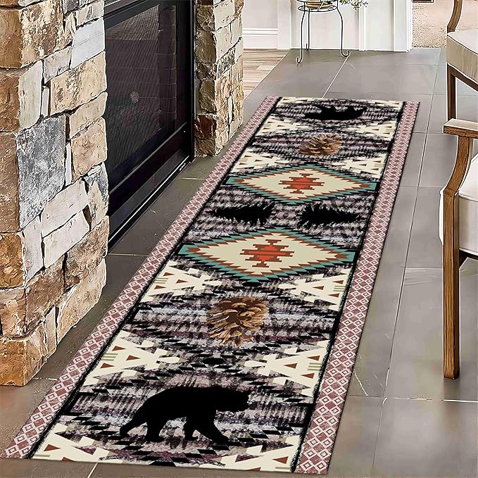 Wild Animal Runner, 2x6ft Bohemian Southwestern Country Hallway Animal Bear Pine Cone Long Rug, Comfortable Breathable Vintage for Kitchen Dining Room Office