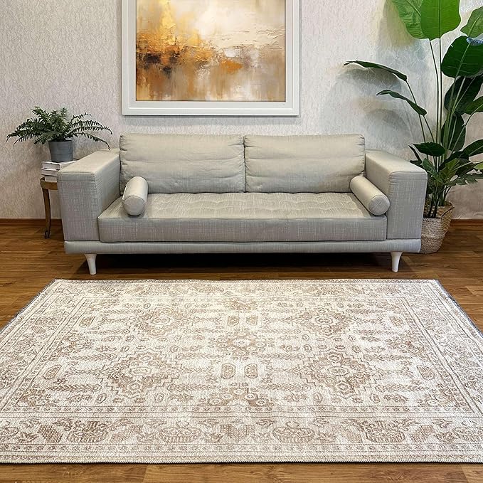 Alfa Rich 4x6 Beige Off White Washable Area Rugs for Living Room Bedroom Kitchen Dining Cotton Rug