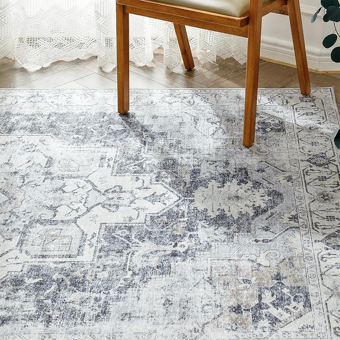 jinchan Kelda Runner Rug 2x6 Hallway Rug Kitchen Washable Runner Vintage Mat Retro Print Lightweight Non-Slip Accent Floor Cover Distressed Thin Carpet for Entryway Bathroom Bedroom Laundry Room Grey
