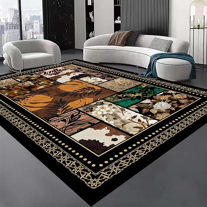 Floral Tropical Patchwork Area Rug 5x7ft, Vintage Black & Brown Country Carpet, Low Pile Non-Slip Mat for Cozy Bedroom, Dining Room, Farmhouse Decor