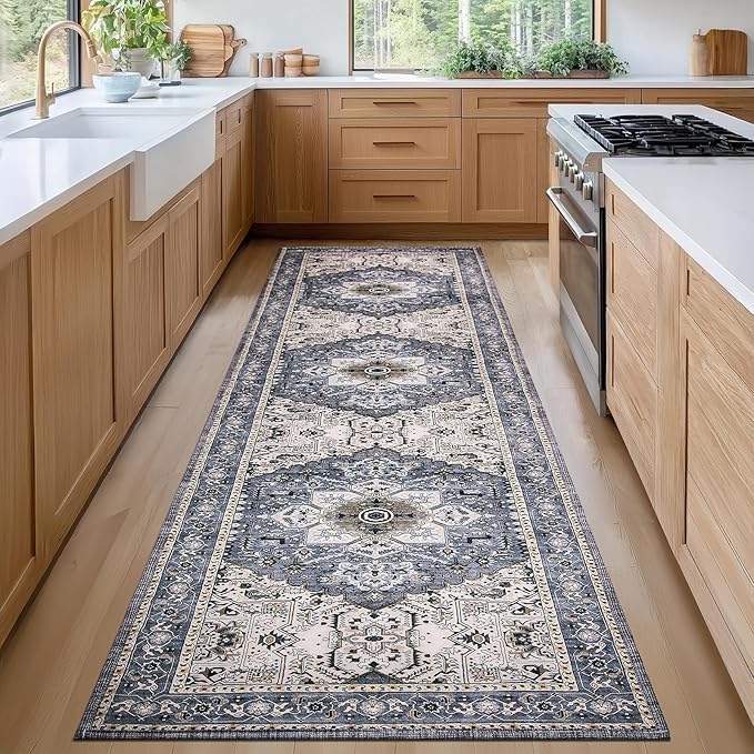 PURRUGS Vintage Farmhouse Boho Runner Rug 2x8 ft, Non-Slip Machine Washable Rug, Accent Oriental Area Rug for Kitchen, Hallway, Entryway, Bedroom, Living Room & Dining Room, Periwinkle Gray/Soft Ivory