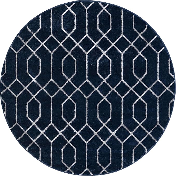 Unique Loom Glam Collection Area Rug - Trellis (5' 3" Round, Navy Blue Silver/ Silver)