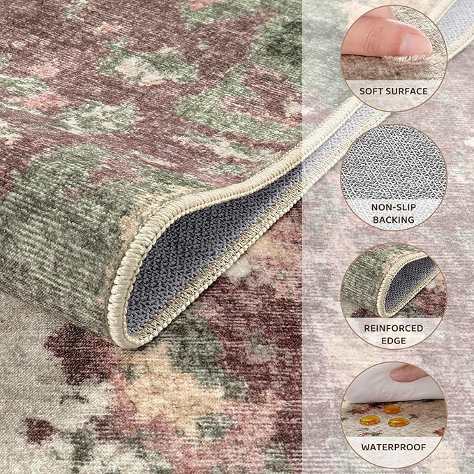 3x5 Area Rug Living Room Rugs - Washable Neutral Modern Abstract Soft Thin Rug Indoor Floor No Slip Rug Carpet for Bedroom Under Dining Table Home Office Decor - Purple/Green/Beige