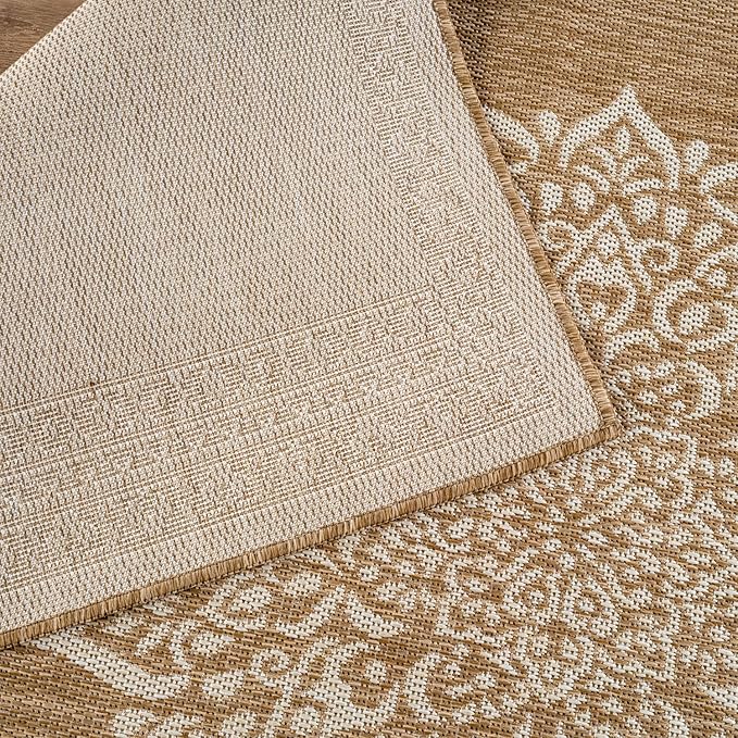 CAMILSON Outdoor Rug 10x14 Medallion Natural Modern Large Area Rugs for Indoor and Outdoor Patios Kitchen and Hallway Mats Washable Porch Deck Outside Carpet (Medallion Natural 10 x 14)