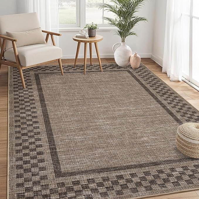 GarveeHome Modern Bordered 9x12 Area Rugs for Living Room Bedroom Soft Washable Large Bedroom Throw Carpet Non Slip Checkered Geometric Rugs for Dining Room Home Decor Office, Brown