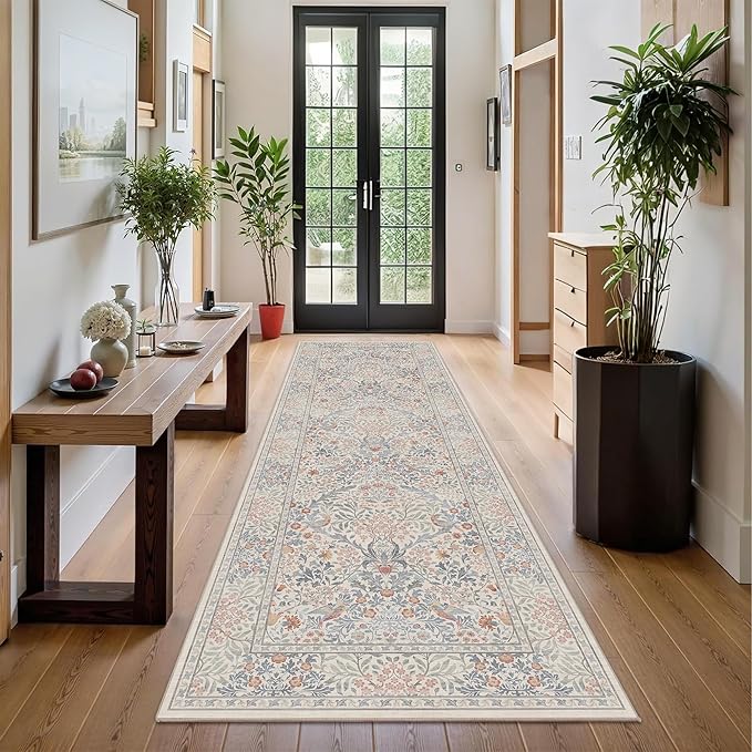 2x6 Floral Washable Area Rugs for Living Room, Vintage Boho Large Rug for Bedroom Dining Room， Distressed Botanical Birds Non Slip Low Pile Forest Animal Throw Carpet for Farmhouse Office, Beige Blue