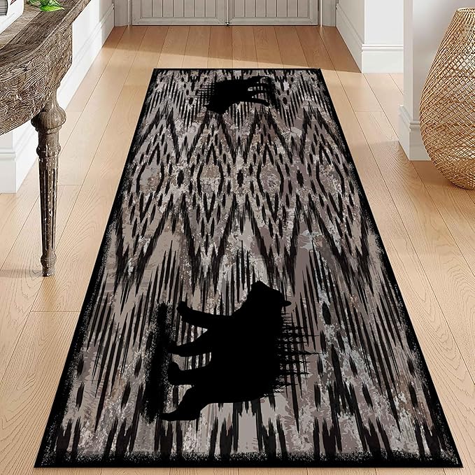 Rustic Cabin Runner Rug, 2x6ft, Vintage Lodge Wood Grain Wild Animal Black Bear Print Long Hallway Rug, Non-Slip Washable Carpet with Rubber Backing for Hallway Walkway Entry Foyer
