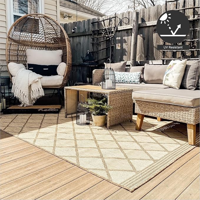 FH Home Flat Woven Outdoor Rug - Waterproof, Easy to Clean, Stain Resistant - Premium Polypropylene Yarn - Moroccan Geometric Lattice - Patio, Porch, Deck, Balcony - Tunis - Sand - 5ft 4in x 7ft 6in