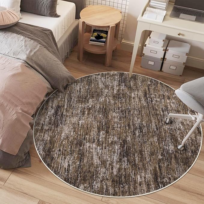 RUGSREAL 3x3 Round Area Rug Small Washable Circle Rug Non Slip Stain Resistant Entry Mat Modern Solid Color Round Living Room Carpet Low Pile Soft Bedroom Mat Neutral Rug for Bedside Nursery, Brown