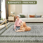 GarveeHome 10x13 Large Washable Geometric Area Rug Non Slip Non Shedding Floor Carpet, Modern Bordered Distressed Green Indoor Printed Rug for Living Room, Bedroom, Office
