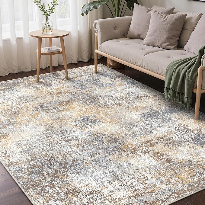 Bavni 9x12 Area Rugs Machine Washable Rug for Living Room, Modern Printed Rug Indoor Soft Area Rug for Bedroom Dining Room, Ultra-Thin Low Pile Carpet with Non Slip Rubber Backing, Ocher Gray