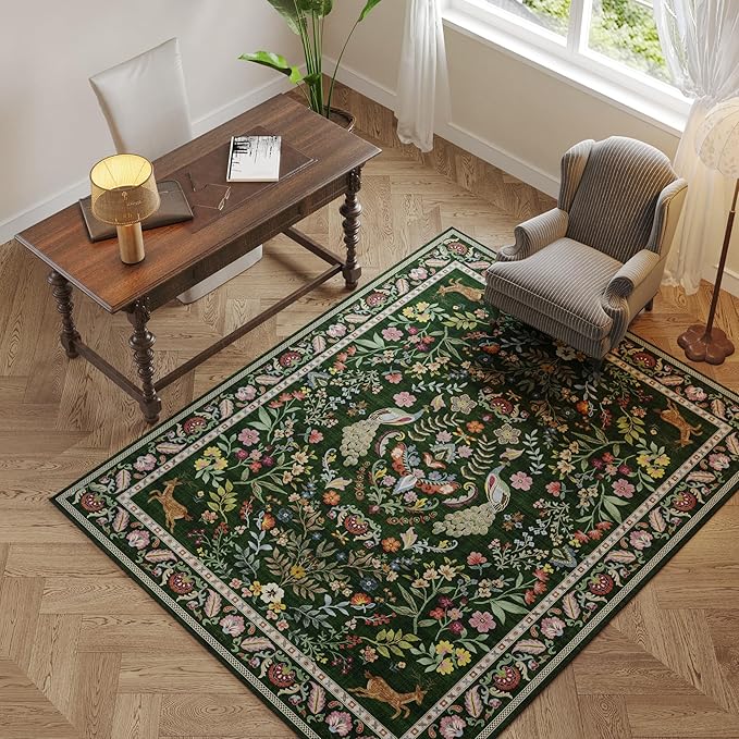 Living Room Rug 6x9 Rug Machine Washable Area Rug Floral Non-Slip Low Pile Large Rug for Living Room, Bedroom, Farmhouse, Dining Room, Kids Playroom (Emerald Green)