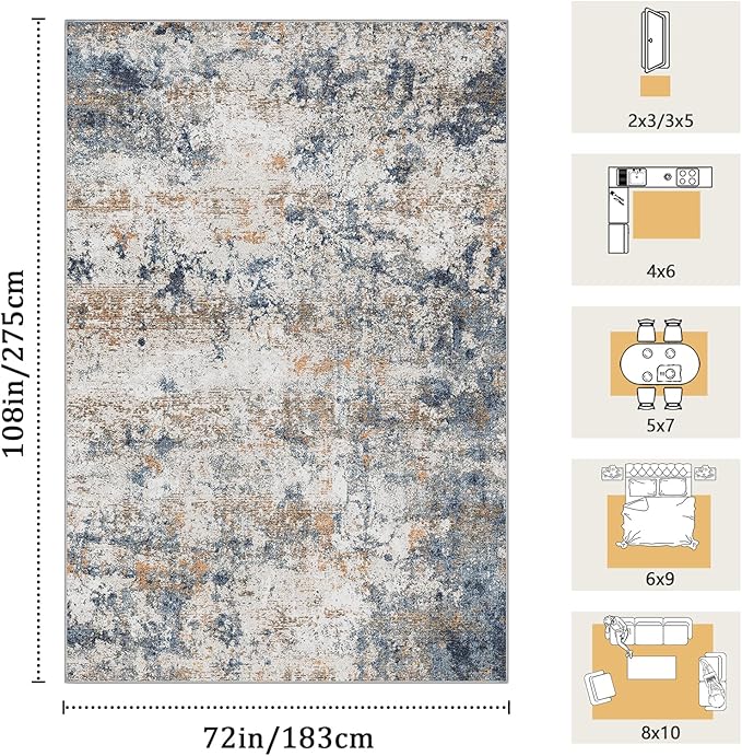 6x9 Washable Area Rug for Living Room, Multicolor Modern Vintage Abstract Rug Large Non-Slip Low Pile Soft Faux Wool Carpet, Kids and Pets Friendly for Bedroom Dining Room Farmhouse Home Decor Rug