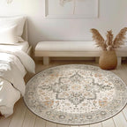 GENIMO 5FT Round Area Rugs for Living Room, Circle Rugs Machine Washable Low Pile, Chenille Non Slip Vintage Rug for Bedroom, Dining Room, Home Office, Light Taupe Brown