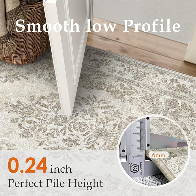 2x8 Runner Rug Beige Washable Hallway Kitchen Bedroom Vintage Distressed Bathroom Non Slip Medallion Floral Carpet Indoor Retro Throw Floor Mat for Office Dining Laundry Living Room
