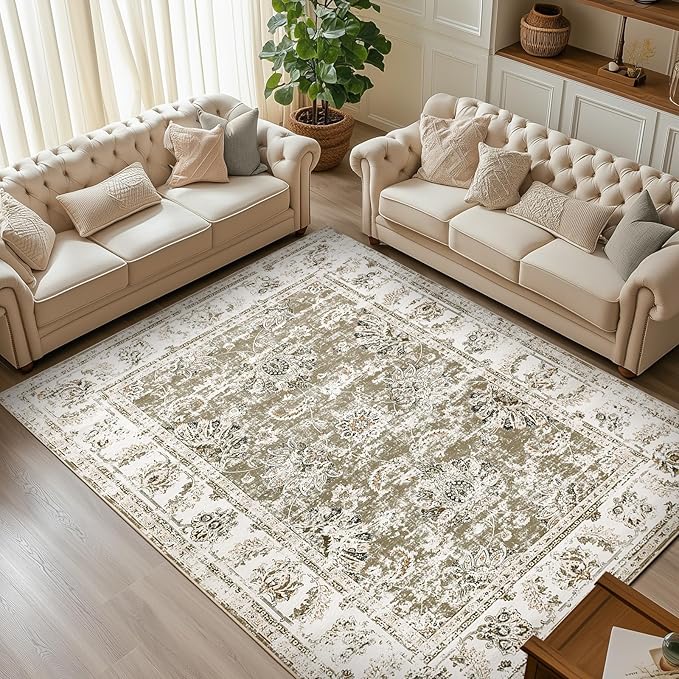 jinchan Fiora 10x12 Area Rug for Living Room - Machine Washable Vintage Floral Distressed Design Stain Resistant Carpet Low Pile Non-Slip Large Rug for Bedroom Dining Room Home Office (10‘x12', Taupe)