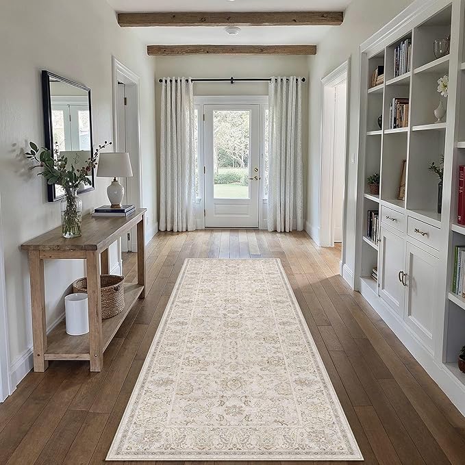 HUGEAR 2x6 Machine Washable Hallway Runner Rugs Vintage Grey - Neutral Non Slip Stain Resistant Low Pile Aesthetic Throw Carpet Kids & Pet Friendly for Bedroom Kitchen