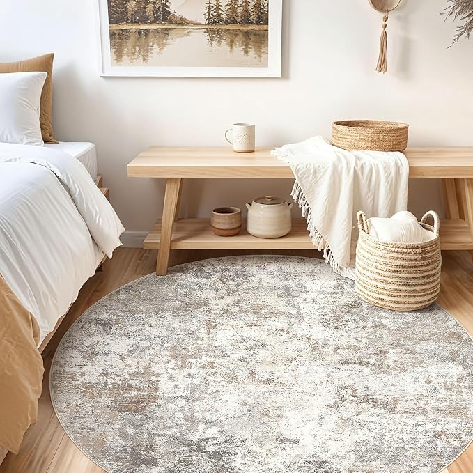 6ft Round Area Rug Living Room Rugs - 6x6 Washable Neutral Modern Abstract Soft Thin Rug Indoor Floor No Slip Rug Carpet for Bedroom Under Dining Table Home Office Decor - Brown Grey