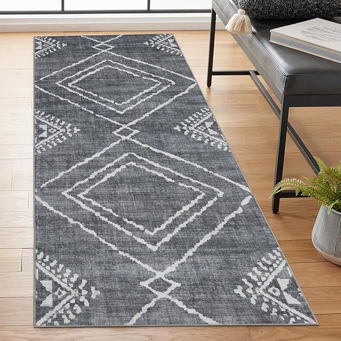 ReaLife Rugs Machine Washable Area Rug Runner - Living Room Bedroom Bathroom Kitchen Entryway Office - Padded Low Pile Stain Resistant Premium - Moroccan Diamond Tribal - Jax - Gray 2'6" x 8'