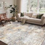 Bavni 9x12 Area Rugs Machine Washable Rug for Living Room, Modern Printed Rug Indoor Soft Area Rug for Bedroom Dining Room, Ultra-Thin Low Pile Carpet with Non Slip Rubber Backing, Ocher Gray