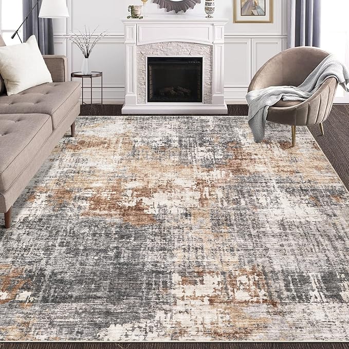 Area Rug Living Room Rugs - 9x12 Washable Large Soft Indoor Neutral Modern Abstract Low Pile Rug Carpet for Bedroom Dining Room Farmhouse Home Office - Grey Brown