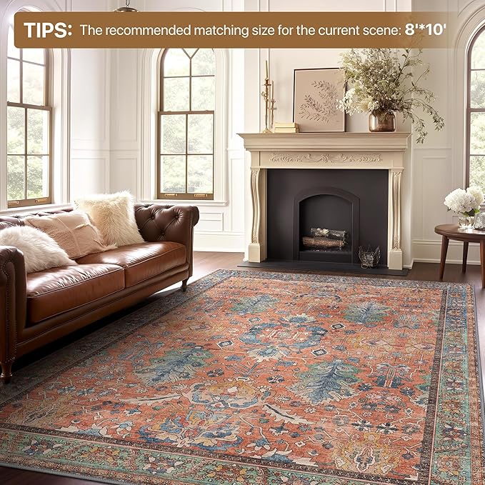 Area Rugs 8x10 Clearance Washable Boho Rug for Bedroom Living Room, Non Slip Thin Low Pile Chenille Carpet for Dining Room,Vintage Farmhouse, Terracotta/Blue