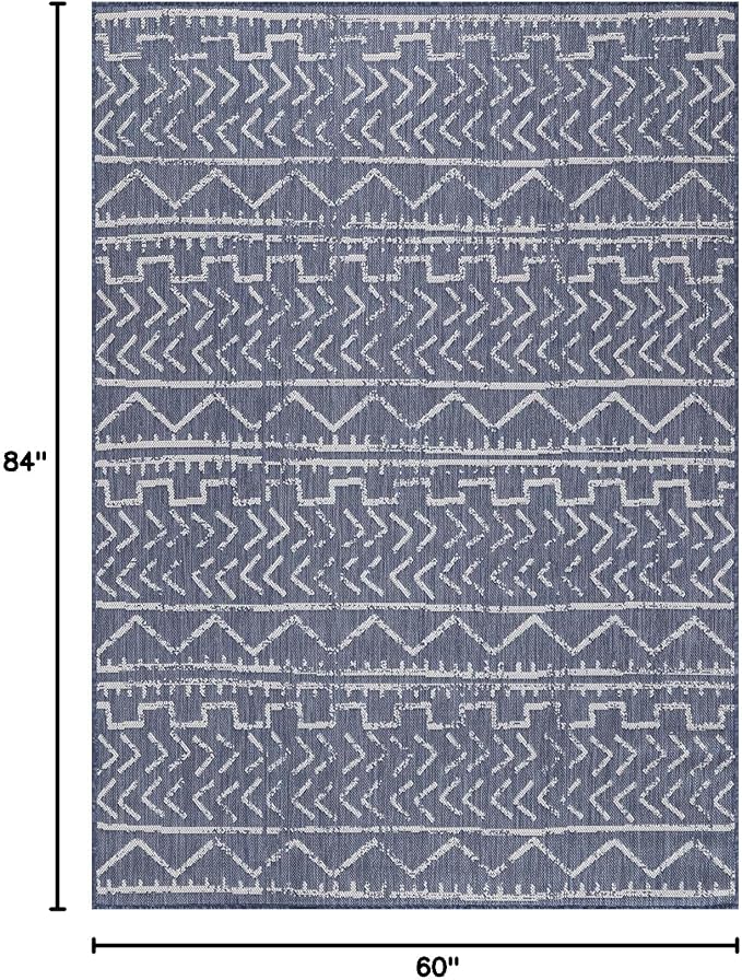 Beverly Rug Waikiki Indoor Outdoor Rug 5x7, Washable Outside Carpet for Patio, Deck, Porch, Trellis Area Rug, Water Resistant, Blue - White