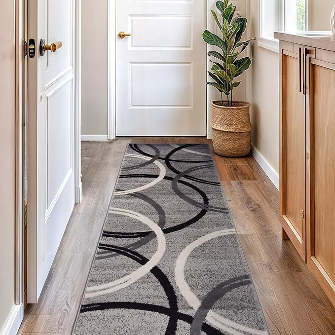Rugshop Wavy Circles Design Runner Rug, Non-Shedding Carpet for Hallway, Kitchen, or Entryway, Gray, 2'7" x 8'