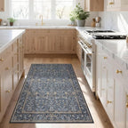 Washable Living Room Rug: 3x5 Boho Floral Soft Area Rug for Bedroom Decor - Vintage Low Pile Thin Carpet for Dining Room Non-Slip - Farmhouse Stain Resistant Rugs - Slate Blue